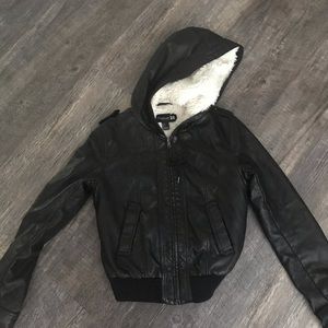 Fake leather jacket with furry white hood